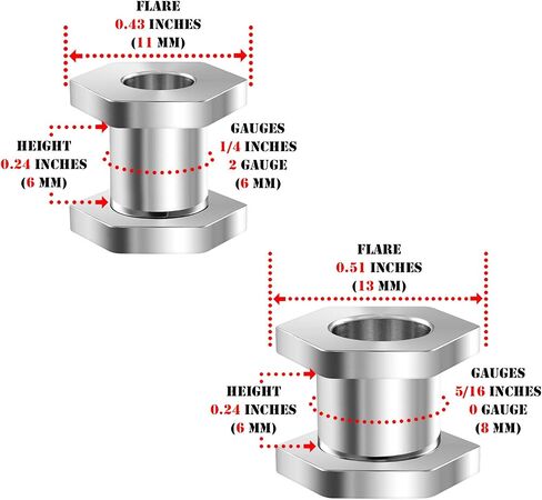 BIG GAUGES 2 Pairs 316L Surgical Steel Tunnels Screw Piercing Jewelry Stretcher Ear Plugs Earring Lobe Flesh Hexagon Tunnel in Saudi Arabia