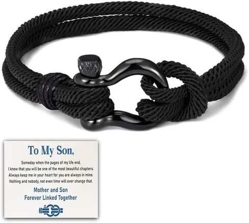 KUYN Mother and Son Forever Linked Together Nautical Bracelet, Adjustable Nautical String Bracelet, Stainless Steel Horseshoe Buckle Mens Rope Bracelet, Nautical Bracelet for Son (Black) in Saudi Arabia