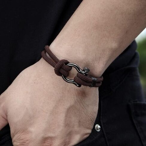KUYN Mother and Son Forever Linked Together Nautical Bracelet, Adjustable Nautical String Bracelet, Stainless Steel Horseshoe Buckle Mens Rope Bracelet, Nautical Bracelet for Son (Black) in Saudi Arabia