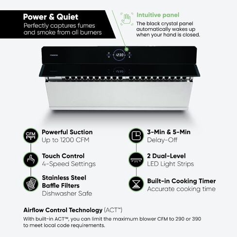 Pacific Side Suction Under Cabinet Ducted Range Hood 30 inch - 1200CFM 4-Speed Powerful Wall Mount Kitchen Vent Hood - Electric Stainless Steel, Ultra Quiet, Touch Control, LED Lights PQ6830AB in Kuwait