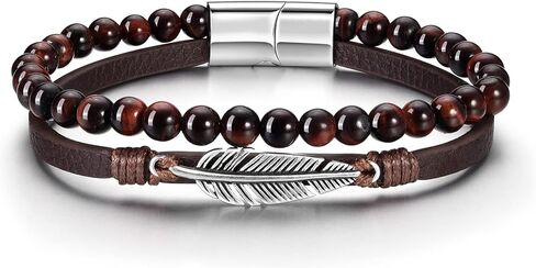BOPREINA Double Layered Leather Beads Bracelets for Men Tiger Eye Lava Rock Stone Bracelets with Stainless Steel Magnetic Clasp Mens Leather Beaded Bracelets Anxiety Stress Relief Jewelry in Saudi Arabia