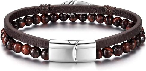 BOPREINA Double Layered Leather Beads Bracelets for Men Tiger Eye Lava Rock Stone Bracelets with Stainless Steel Magnetic Clasp Mens Leather Beaded Bracelets Anxiety Stress Relief Jewelry in Saudi Arabia