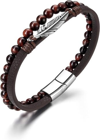 BOPREINA Double Layered Leather Beads Bracelets for Men Tiger Eye Lava Rock Stone Bracelets with Stainless Steel Magnetic Clasp Mens Leather Beaded Bracelets Anxiety Stress Relief Jewelry in Saudi Arabia