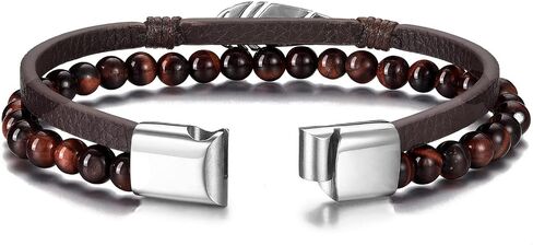 BOPREINA Double Layered Leather Beads Bracelets for Men Tiger Eye Lava Rock Stone Bracelets with Stainless Steel Magnetic Clasp Mens Leather Beaded Bracelets Anxiety Stress Relief Jewelry in Saudi Arabia
