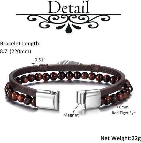 BOPREINA Double Layered Leather Beads Bracelets for Men Tiger Eye Lava Rock Stone Bracelets with Stainless Steel Magnetic Clasp Mens Leather Beaded Bracelets Anxiety Stress Relief Jewelry in Saudi Arabia