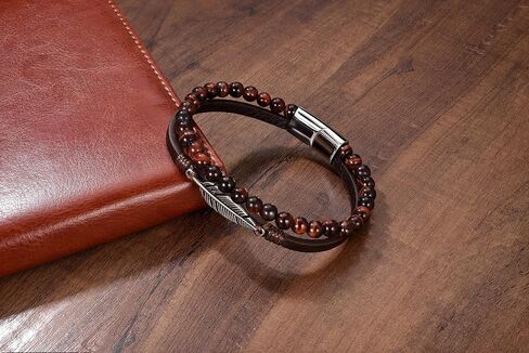 BOPREINA Double Layered Leather Beads Bracelets for Men Tiger Eye Lava Rock Stone Bracelets with Stainless Steel Magnetic Clasp Mens Leather Beaded Bracelets Anxiety Stress Relief Jewelry in Saudi Arabia