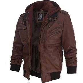 Decrum Hooded Leather Jacket Men - Bomber Leather Jackets For Men With Removable Hood