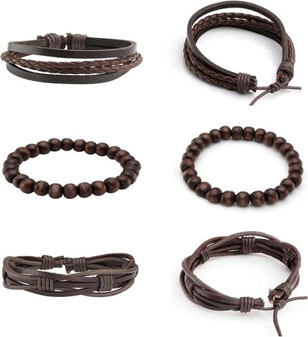 Milakoo 10 Pcs Braided Leather Bracelet for Men Women Wooden Beaded Bracelets Wrap Adjustable in Saudi Arabia