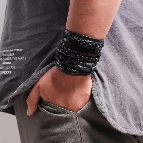 Milakoo 10 Pcs Braided Leather Bracelet for Men Women Wooden Beaded Bracelets Wrap Adjustable in Saudi Arabia