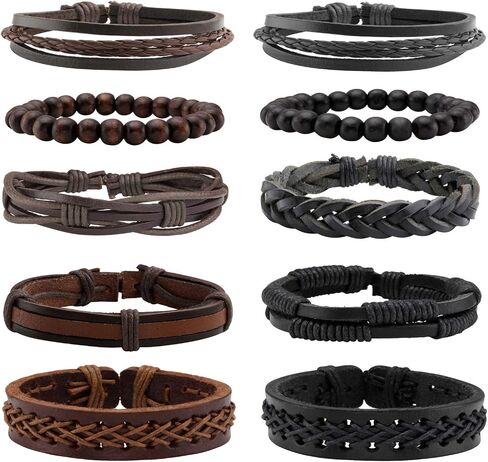 Milakoo 10 Pcs Braided Leather Bracelet for Men Women Wooden Beaded Bracelets Wrap Adjustable in Saudi Arabia