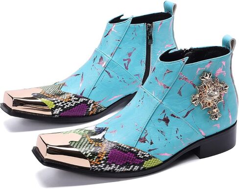 Mens Fashion Chelsea Boots Zipper Leather Blue Casual Square-Toe Metal Tip Dress Shoes in Kuwait