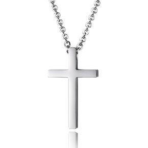 Reve Simple Stainless Steel Silver Tone Cross Pendant Chain Necklace for Men Women, 20-22 Inches