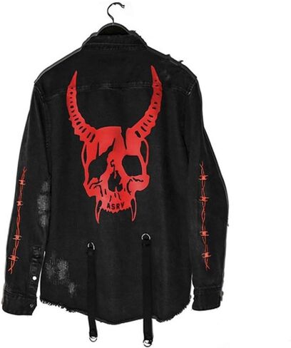 Mens Gothic Jacket Casual Harajuku Demon Hunter Skull Black Denim Jacket Coat in Saudi Arabia