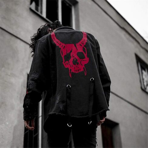 Mens Gothic Jacket Casual Harajuku Demon Hunter Skull Black Denim Jacket Coat in Saudi Arabia