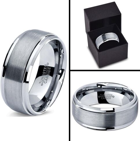 Charming Jewelers Tungsten Wedding Band Ring 8mm Men Women Comfort Fit Grey Step Bevel Edge Brushed Polished Size 9 in Kuwait