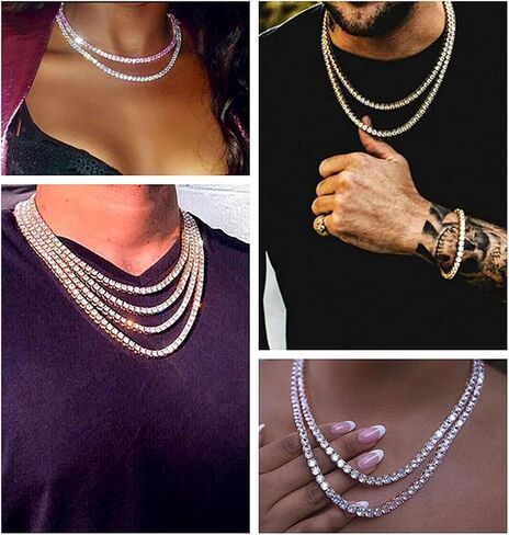 HH BLING EMPIRE Gold Silver Iced Out Diamond Tennis Chain Necklace for Men Women, Rhinestone Tennis Necklaces for Women and Teens, Tennis and Cuban Link Chains 18-30 Inches in Saudi Arabia