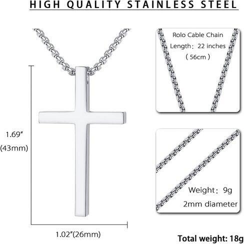 Reve Simple Stainless Steel Silver Tone Cross Pendant Chain Necklace for Men Women, 20-22 Inches in Saudi Arabia