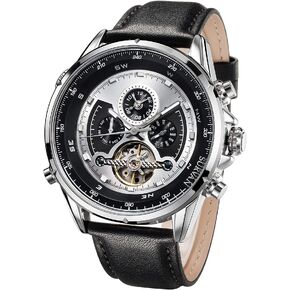 ساعة SURVAN WatchDesigner للرجال أوتوماتيكية ذات منطقة زمنية مزدوجة وهيكل عظمي ميكانيكي وحزام جلدي أصلي in Kuwait