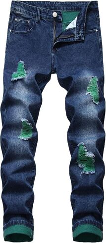 chouyatou Men's Color Block Frayed Holes Lightweight Distressed Ripped Jeans Denim Pant in Saudi Arabia