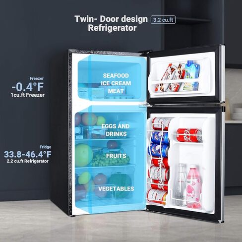 1256 Compact Refrigerator 3.2 Cu.Ft, 2-Door Mini Fridge With Freezer, Energy Saving, LED Inside, Low Noise, Upright Fridge Suitable For Apartment, Office Or Dorm-MVSFD321 in Kuwait