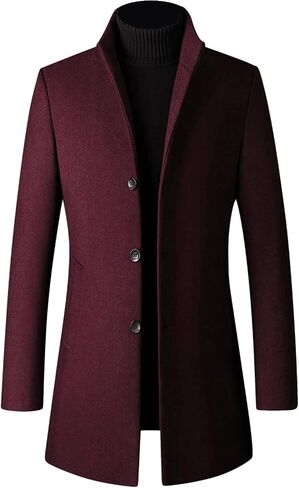 Mens Wool Blend Trench Coat Stand Collar Single Breasted Business Pea Coats Stylish Mid-Length Overcoat Jacket in Kuwait