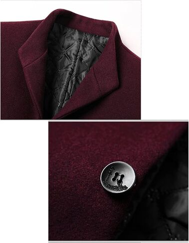 Mens Wool Blend Trench Coat Stand Collar Single Breasted Business Pea Coats Stylish Mid-Length Overcoat Jacket in Kuwait
