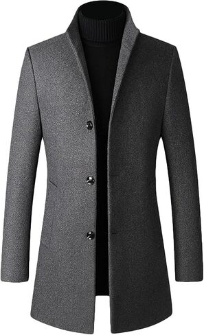 Mens Wool Blend Trench Coat Stand Collar Single Breasted Business Pea Coats Stylish Mid-Length Overcoat Jacket in Kuwait