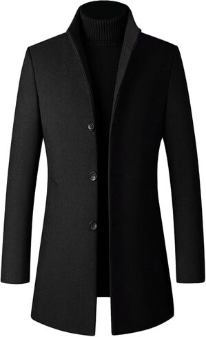 Mens Wool Blend Trench Coat Stand Collar Single Breasted Business Pea Coats Stylish Mid-Length Overcoat Jacket in Kuwait