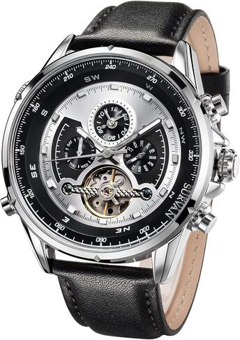 ساعة SURVAN WatchDesigner للرجال أوتوماتيكية ذات منطقة زمنية مزدوجة وهيكل عظمي ميكانيكي وحزام جلدي أصلي in Saudi Arabia