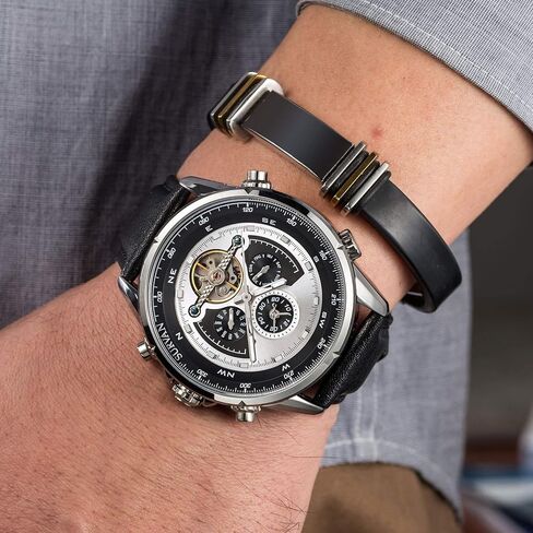 ساعة SURVAN WatchDesigner للرجال أوتوماتيكية ذات منطقة زمنية مزدوجة وهيكل عظمي ميكانيكي وحزام جلدي أصلي in Saudi Arabia