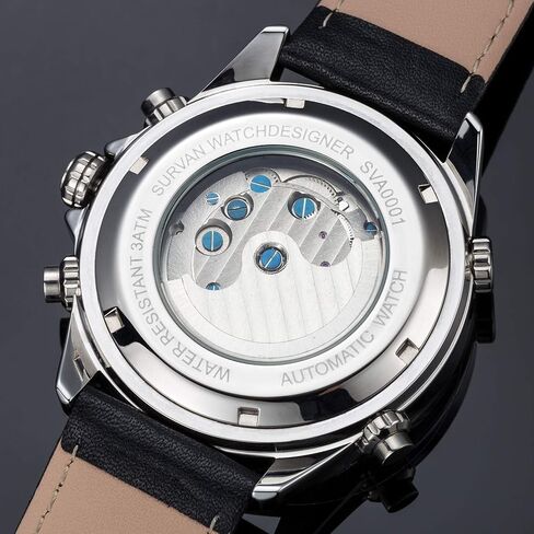 ساعة SURVAN WatchDesigner للرجال أوتوماتيكية ذات منطقة زمنية مزدوجة وهيكل عظمي ميكانيكي وحزام جلدي أصلي in Saudi Arabia