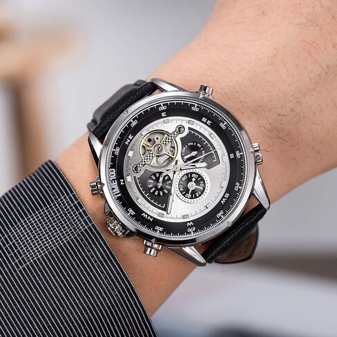 ساعة SURVAN WatchDesigner للرجال أوتوماتيكية ذات منطقة زمنية مزدوجة وهيكل عظمي ميكانيكي وحزام جلدي أصلي in Saudi Arabia