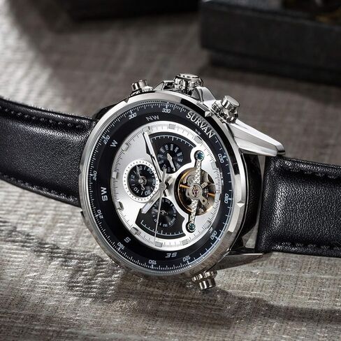 ساعة SURVAN WatchDesigner للرجال أوتوماتيكية ذات منطقة زمنية مزدوجة وهيكل عظمي ميكانيكي وحزام جلدي أصلي in Saudi Arabia