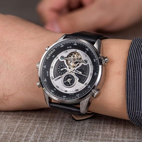 ساعة SURVAN WatchDesigner للرجال أوتوماتيكية ذات منطقة زمنية مزدوجة وهيكل عظمي ميكانيكي وحزام جلدي أصلي in Saudi Arabia