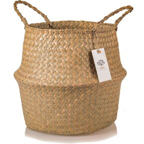 سلة بطن من العشب البحري كبيرة الحجم XXL مع مقابض – منسوجة يدويًا بنسبة 100% من الأعشاب البحرية التي تنمو بشكلٍ مستدام - سلة مزخرفة لغرفة المعيشة وغرفة النوم وتخزين البطاطين وغسيل الملابس والألعاب in Kuwait