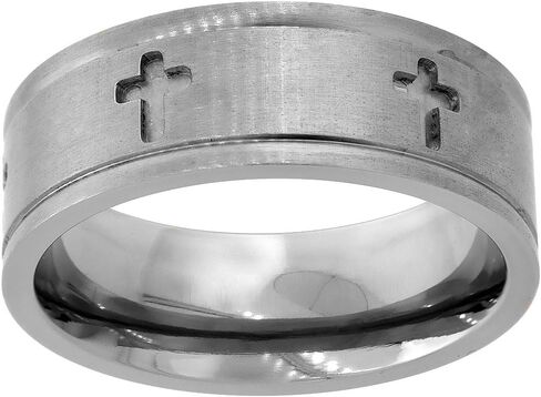 8mm Titanium Wedding Band Cross Ring Deep Carving Grooved Edges Flat Comfort Fit Sizes 6-14 in Kuwait
