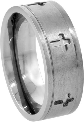 8mm Titanium Wedding Band Cross Ring Deep Carving Grooved Edges Flat Comfort Fit Sizes 6-14 in Kuwait