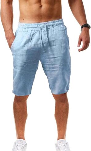 Maryia Mens Linen Casual Beach Shorts Drawstring Summer Elastic Waist Classic Fit Sweatpant Comfy Soft Workout Running Short in Kuwait