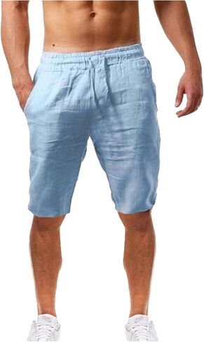 Maryia Mens Linen Casual Beach Shorts Drawstring Summer Elastic Waist Classic Fit Sweatpant Comfy Soft Workout Running Short in Kuwait