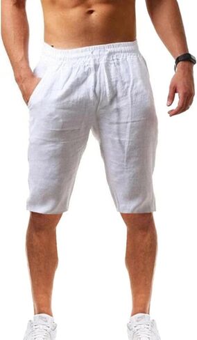 Maryia Mens Linen Casual Beach Shorts Drawstring Summer Elastic Waist Classic Fit Sweatpant Comfy Soft Workout Running Short in Kuwait