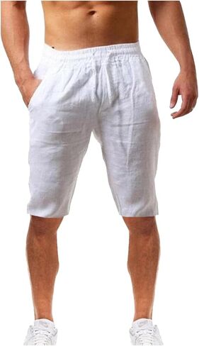 Maryia Mens Linen Casual Beach Shorts Drawstring Summer Elastic Waist Classic Fit Sweatpant Comfy Soft Workout Running Short in Kuwait