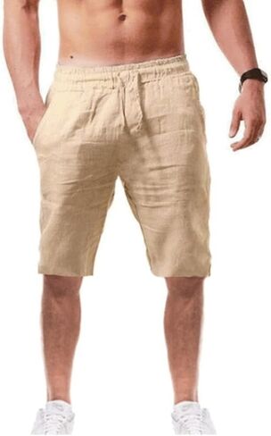 Maryia Mens Linen Casual Beach Shorts Drawstring Summer Elastic Waist Classic Fit Sweatpant Comfy Soft Workout Running Short in Kuwait