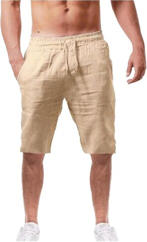 Maryia Mens Linen Casual Beach Shorts Drawstring Summer Elastic Waist Classic Fit Sweatpant Comfy Soft Workout Running Short in Kuwait