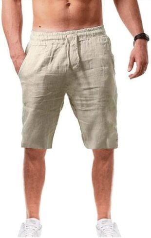 Maryia Mens Linen Casual Beach Shorts Drawstring Summer Elastic Waist Classic Fit Sweatpant Comfy Soft Workout Running Short in Kuwait