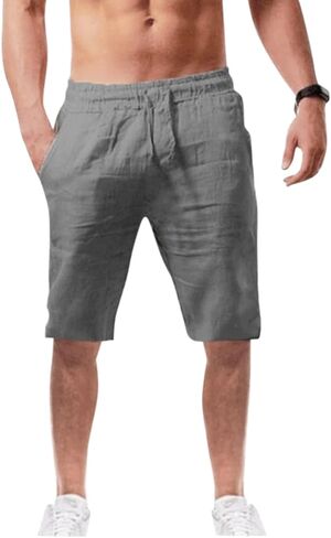 Maryia Mens Linen Casual Beach Shorts Drawstring Summer Elastic Waist Classic Fit Sweatpant Comfy Soft Workout Running Short in Kuwait