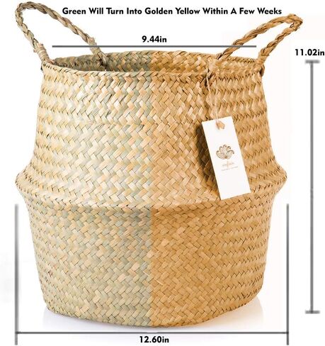 سلة بطن من العشب البحري كبيرة الحجم XXL مع مقابض – منسوجة يدويًا بنسبة 100% من الأعشاب البحرية التي تنمو بشكلٍ مستدام - سلة مزخرفة لغرفة المعيشة وغرفة النوم وتخزين البطاطين وغسيل الملابس والألعاب in Kuwait