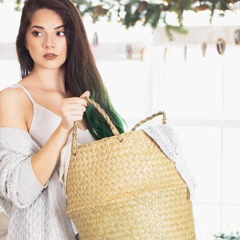 سلة بطن من العشب البحري كبيرة الحجم XXL مع مقابض – منسوجة يدويًا بنسبة 100% من الأعشاب البحرية التي تنمو بشكلٍ مستدام - سلة مزخرفة لغرفة المعيشة وغرفة النوم وتخزين البطاطين وغسيل الملابس والألعاب in Kuwait