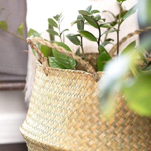 سلة بطن من العشب البحري كبيرة الحجم XXL مع مقابض – منسوجة يدويًا بنسبة 100% من الأعشاب البحرية التي تنمو بشكلٍ مستدام - سلة مزخرفة لغرفة المعيشة وغرفة النوم وتخزين البطاطين وغسيل الملابس والألعاب in Kuwait