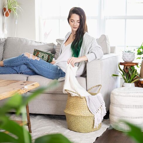 سلة بطن من العشب البحري كبيرة الحجم XXL مع مقابض – منسوجة يدويًا بنسبة 100% من الأعشاب البحرية التي تنمو بشكلٍ مستدام - سلة مزخرفة لغرفة المعيشة وغرفة النوم وتخزين البطاطين وغسيل الملابس والألعاب in Kuwait