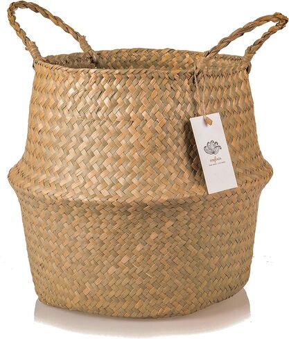 سلة بطن من العشب البحري كبيرة الحجم XXL مع مقابض – منسوجة يدويًا بنسبة 100% من الأعشاب البحرية التي تنمو بشكلٍ مستدام - سلة مزخرفة لغرفة المعيشة وغرفة النوم وتخزين البطاطين وغسيل الملابس والألعاب in Kuwait